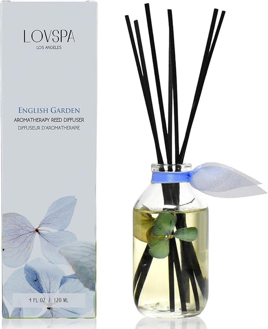 LOVSPA English Garden Reed Diffuser Sticks Gift Set - Real Hydrangea Flowers in The Bottle - Jasmine, Rose, Hyacinth & Lily of The Valley Scented Room Freshener - Made in The USA