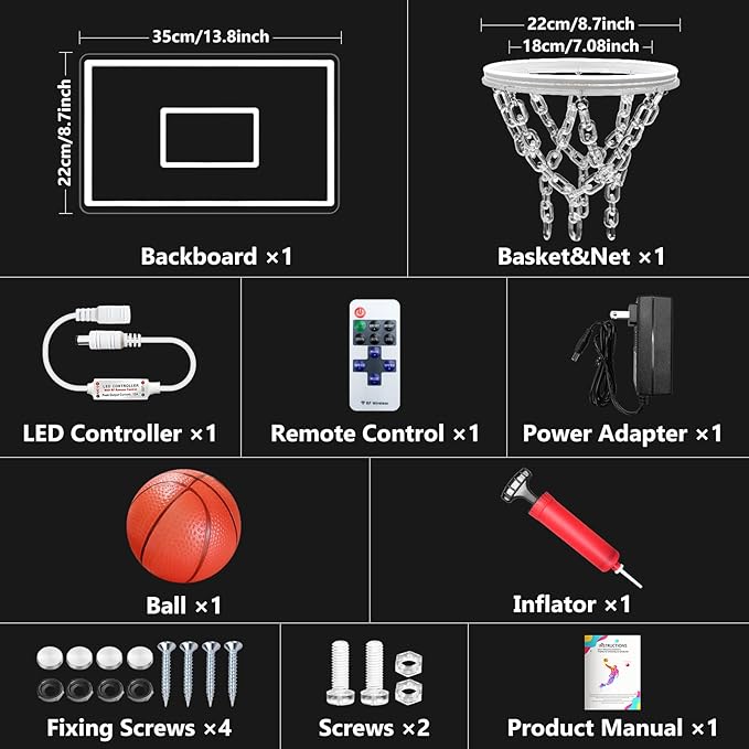 Basketball Hoop Neon Sign for Wall Decor,Dimmable Basketball Hoop Light,Sports Neon Signs with Ball and Pump,Basketball Toy Gift for Sports Fans(White)
