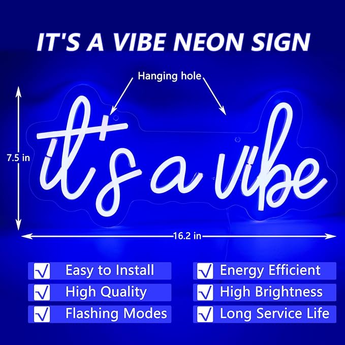 Blue It's a Vibe Neon Sign, Neon Signs for Wall Decor, Neon Dimmable LED Signs for Bedroom, Neon Light Up Signs for Home Beer Bar Cafe Game Room Birthday Wedding Decorations Girls Boys Gifts
