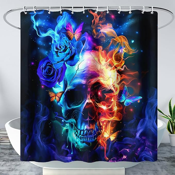 AILONEN Sugar Skull Shower Curtain,Blue Rose Flower Skull Bath Curtain,3D Printed Fire Skull Waterproof Curtain,Galaxy Butterfly Shower Curtain for Bathroom 36" W x 72" H