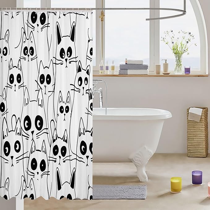 Feelyou Cat Bathroom Shower Curtain Set Cute Cat Bath Curtain for Kids Boys Girls Cartoon Cat Shower Curtain Kids Cat Kids Bathroom Accessories 72"x72"