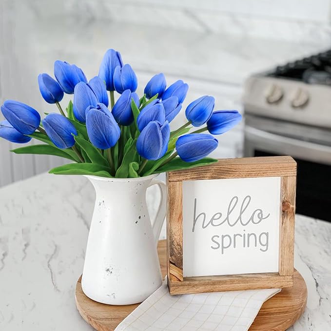 Beferr 18pcs Tulips Artificial Flowers Faux Tulip Real Touch Fake Flowers Bouquets Arrangements for Mothers Day Easter Spring Flowers Gifts Home Table Decor Blue