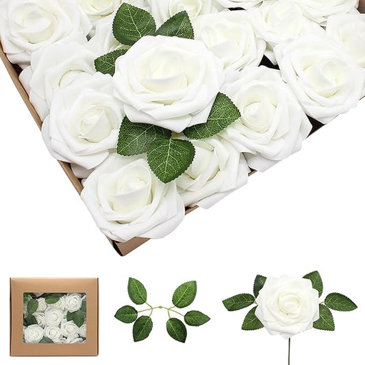 Artificial Flowers 50PCS White Roses Real Looking Foam Fake Roses with Leaves and for DIY Wedding Bouquets Bridal Shower Centerpieces Party Decorations (White)