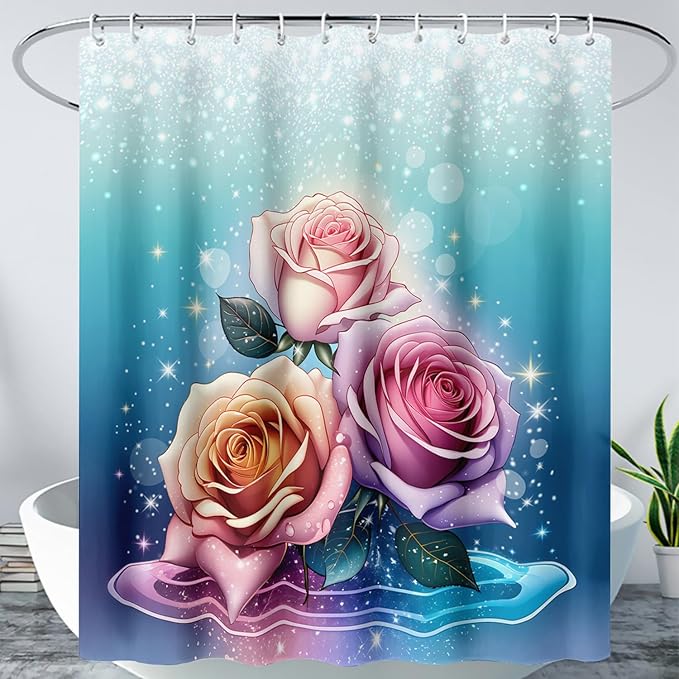 AILONEN Rose Shower Curtain for Bathroom Decor,Galaxy Pink Rose Bath Curtain Gifts for Girls Women,Modern Minimalism Curtain,Polyester Waterproof with 12 Plastic Hooks, 72" W*96" H