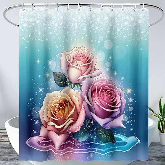 AILONEN Rose Shower Curtain for Bathroom Decor,Galaxy Pink Rose Bath Curtain Gifts for Girls Women,Modern Minimalism Curtain,Polyester Waterproof with 12 Plastic Hooks, 72" W*96" H