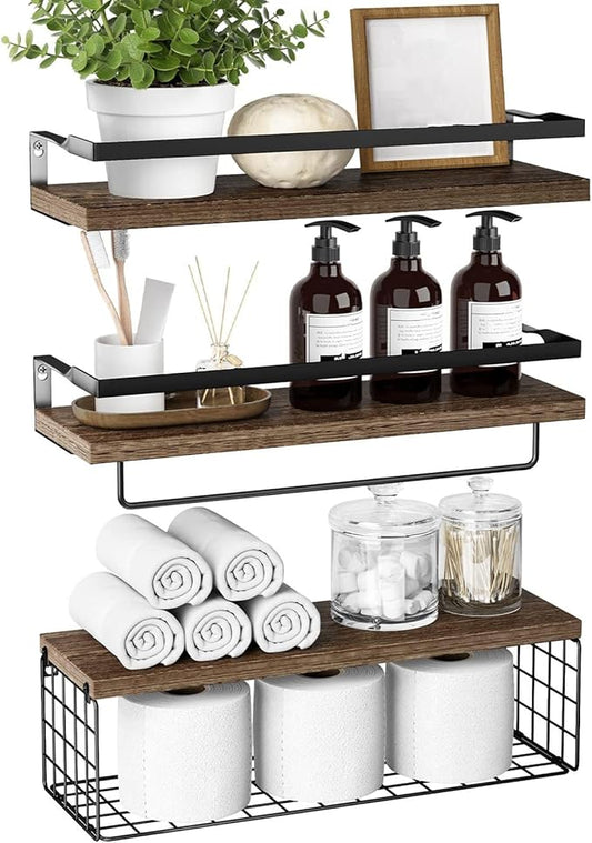 Towel Racks for Bathroom Wall Mounted,3PCS Floating Shelves with Storage Basket, Bathroom Organizers, Wall Mounted Rustic Wood Shelves for Bedroom, Living Room, Kitchen(Dark Brown)