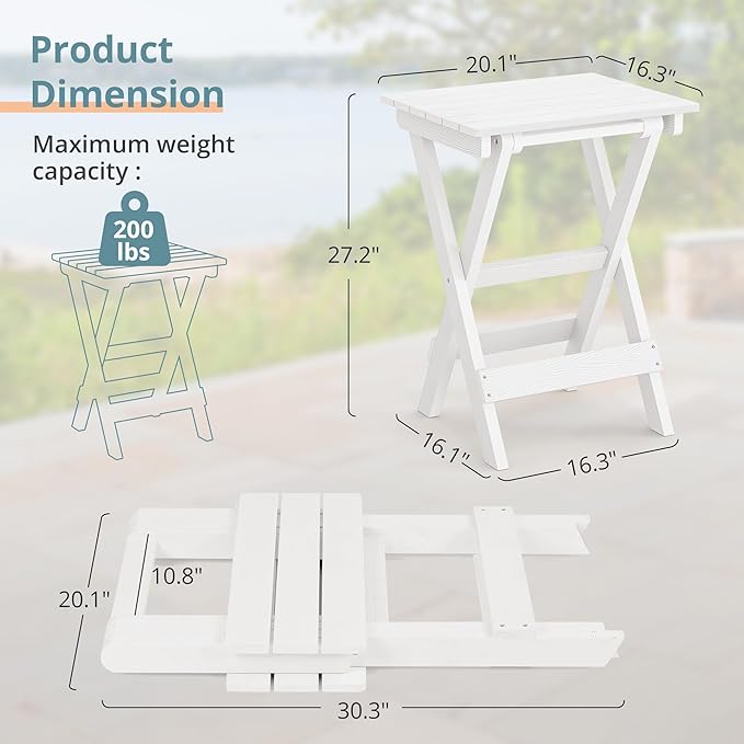 LUE BONA 27 inch Folding Side Table, HDPS Outside End Table for Patio, Porch, Deck, Pool, Weather Resistant, White