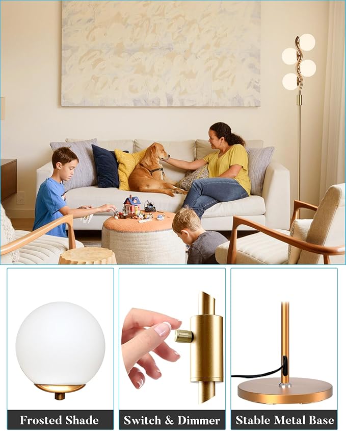 60IN Dimmable (Brightness Adjustable) Gold Floor Lamp, Modern Standing Lamps with 4 Globe Soft Warm White 3000K Bulbs, Mid Century Floor Lamp for Living Room Bedroom Home Decor