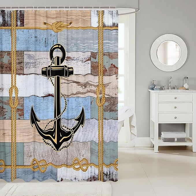 Feelyou Anchor Nautical Shower Curtain Vintage Plank Blue Brown Fabric Shower Curtain for Kids Ocean Themed Bathroom Waterproof Accessories with 12 Hooks Geometric Stripe Curtains,72X78 Inches