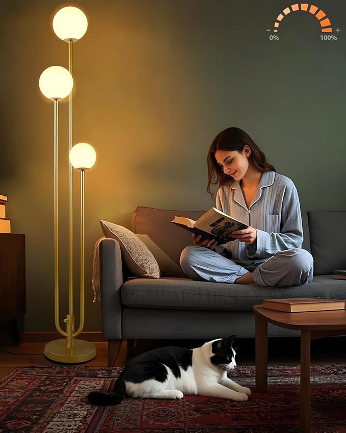 63IN 3-Light Dimmable Floor Lamp, Unique Tall Standing Lamps with 3 Gold Poles and 3000K G9 Bulbs for Reading, Mid Century Modern Floor Lamp for Living Room Bedroom Home Office