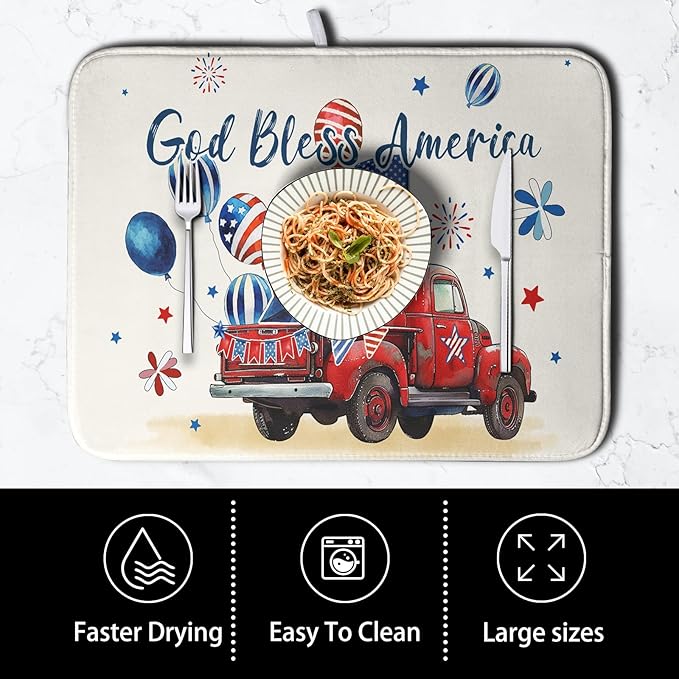4th of July Drying Mat for Kitchen Counter 16 x 18 US Independence Day Patriotic Truck Dish Drying Mat Polyester American Flag Dish Drainer Mat Super Absorbent Dish Rack Pad for Coffee Bar Sinks
