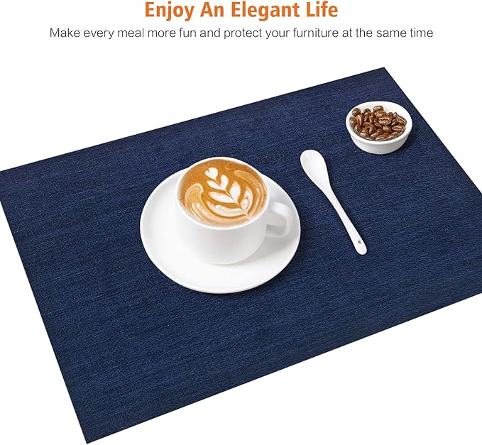Placemats Set of 6,Washable,Heat and Stain Resistant Indoor/Outdoor Place mats, Vinyl Woven Non Slip Table Mats for Restaurant Table Protection, PVC Table Placemats.(Navy Blue, 6PCS)