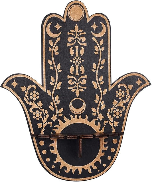 CREATCABIN Hamsa Crystal Display Shelf Wooden Moon Sun Crystal Holder Shelves Hamsa Hand Wall Decor Mounted Floating Shelf Stand Organizer for Witch Stuff Altar Spiritual Gift Black 9.8 x 11.8Inch
