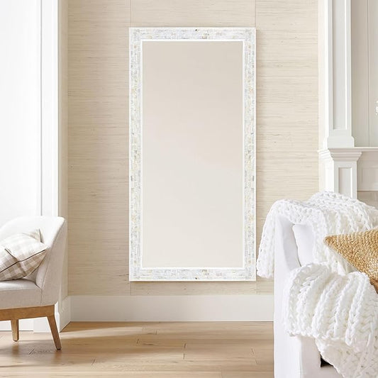 Tanmicoshomy 24 x 47Inch Rectangle Wall Mirror, Natural Shell Framed Rectangular Mirror for Bathroom, Vanity, Bedroom, Living Room, Entryway, Wall Mounted Horizontal or Vertical, White