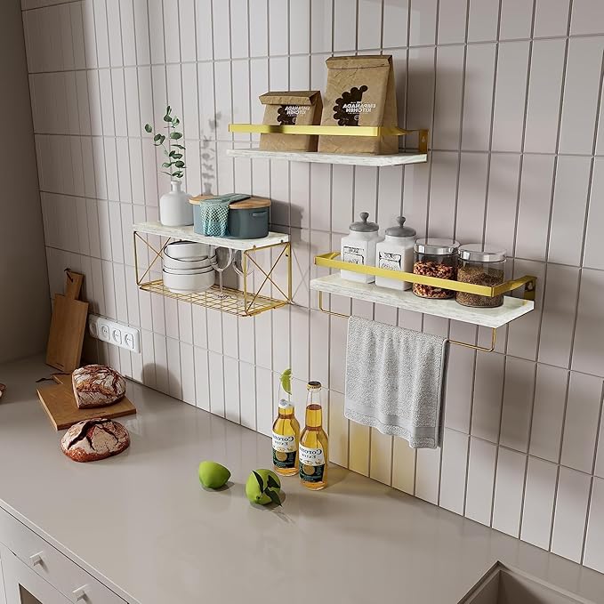 Bathroom Shelves with Wire Storage Basket, Floating Shelves Over Toilet with Protective Metal Guardrail, Wall Shelves for Bedroom, Living Room, Kitchen and Bathroom Toilet Paper