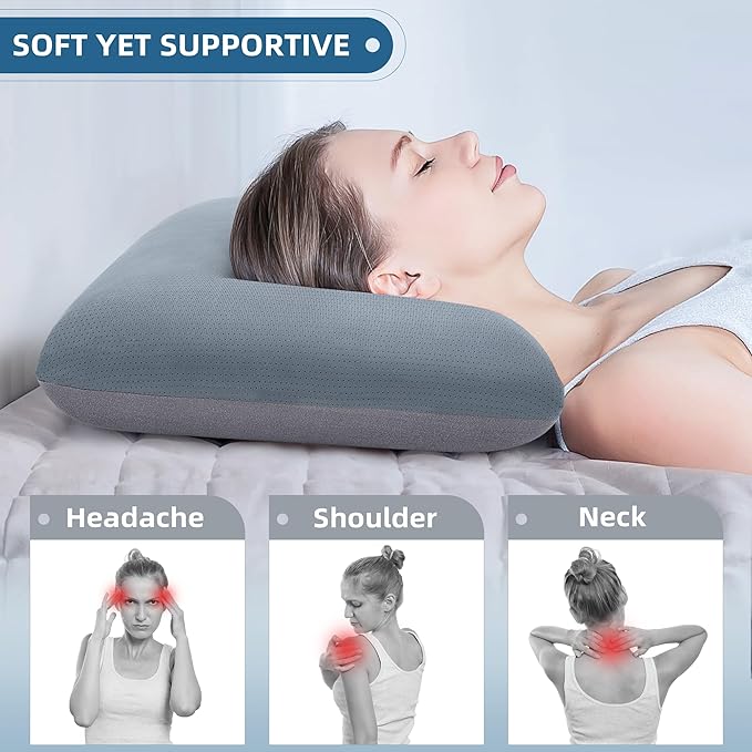 Memory Foam Cooling Pillow Standard Size Pillows Neck & Shoulder Support - for Back, Side, & Stomach Sleepers Grey