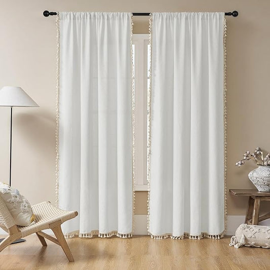 Joydeco White Boho Curtains 84 Inch Length 2 Panels, Super Soft Bohemian Farmhouse Curtains with Tassels, Semi Sheer Light Filtering Drapes for Bedroom Living Room (Rod Pocket, 52Wx84L)