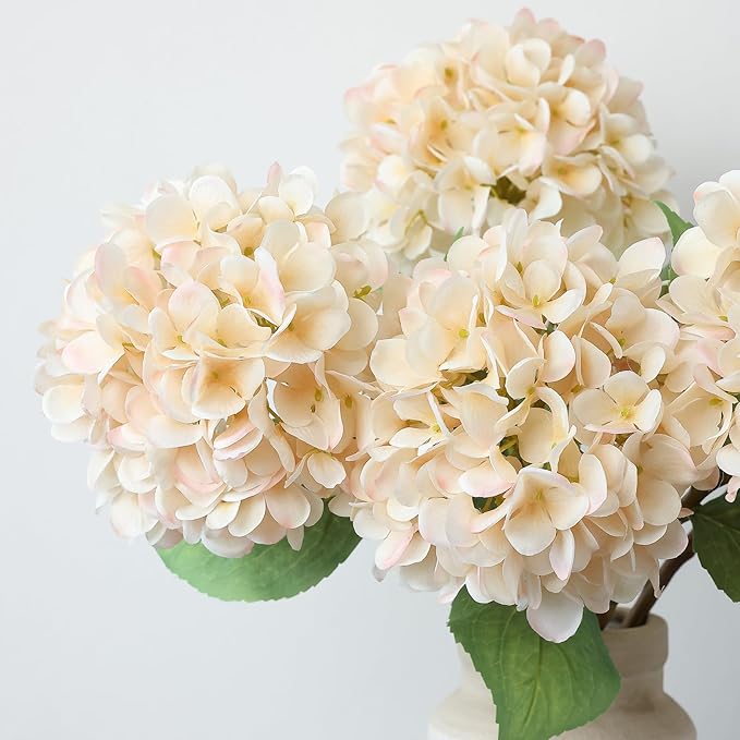 mizii 4Pcs Beige Artificial Hydrangea Flowers Large Fake Silk Hydrangea Flower with Leaves Stems Realistic Faux Hydrangeas Decorations for Wedding Table Centerpieces Vase Home Decor (Beige)