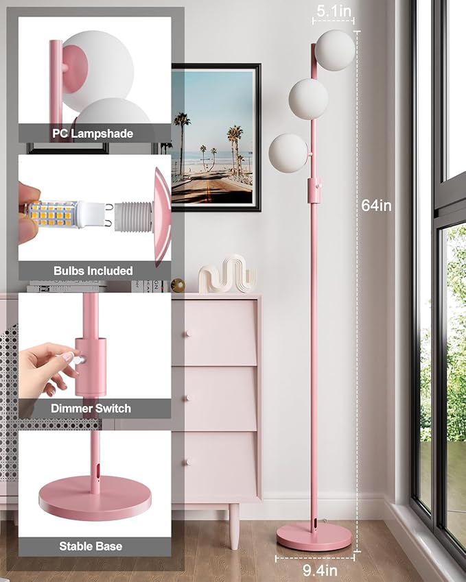 64IN Dimmable Pink Floor Lamp, Tall Standing Lamps with 3 Globe Soft Warm White Eye Care 3000K G9 Bulbs, Mid Century Modern Floor Lamp for Bedroom Office