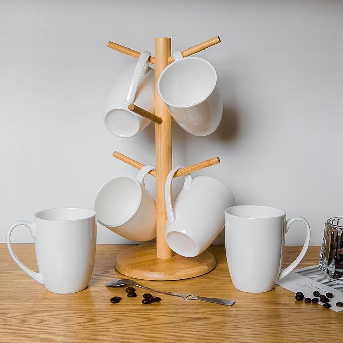 Plain White Fine Bone China Blank Coffee Mugs Set of 6, 11 Oz Tea Cups with Large Handle, Lightweight Ceramic Coffee Mugs, Aesthetic Coffee Cups