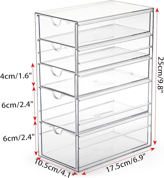 Hipiwe 5-Drawers Plastic Storage Organizer, Clear Hair Accessories Organizer with Large Capacity for Bathroom, Dresser, Cosmetic Hair Tie Container for Girls Women