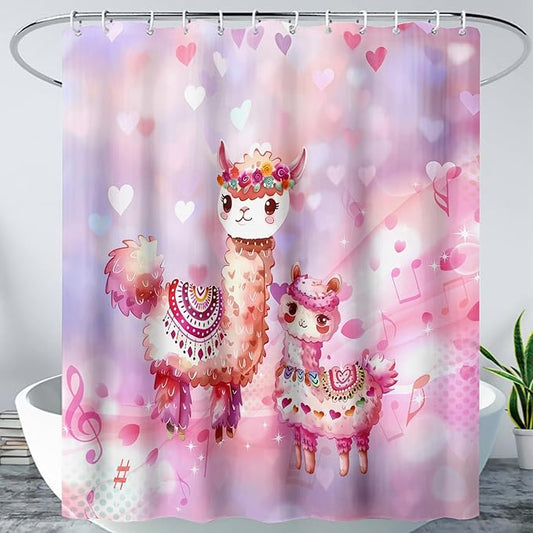 AILONEN Kawaii Llama Shower Curtain for Kids Girls,Watercolor Llama Alpaca Theme Bath Curtain,Boho Llama Hearts Print Pink Shower Curtain Waterproof for Bathroom with 12 Plastic Hooks, 48" W*72" H