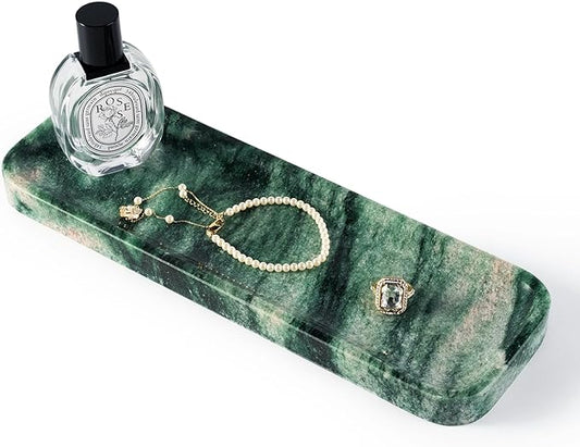 Koville Marble Tray for Bathroom Sink, 12"x4" Natural Stone Vanity Tray for Kitchen Dresser Countertop, Rectangular Decorative Marble Trays for Jewelry Perfume Trinket(Green)