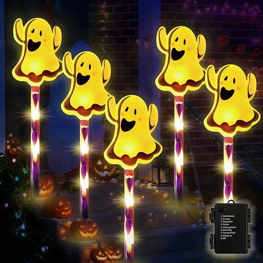LOLStar Halloween Ghost Decorations 5-Pack Halloween Pathway Lights Outdoor, Waterproof Battery Operated Walkway Garden Stake Lights Makers with Timer 8 Flash Mode Light Up for Yard Patio Lawn Grave