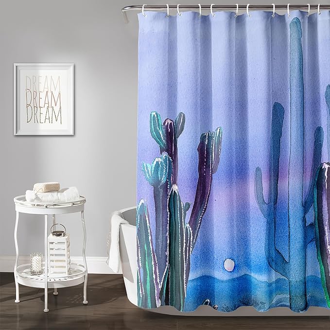 AILONEN Watercolor Cactus Shower Curtain,Blue-Purple Dreamy Theme Bathroom Fabric Shower Curtain for Boys Kids Teens, 60" W*72" H Night Cactus Forest Bathroom Decor