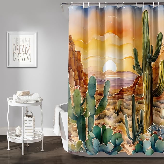 AILONEN Watercolor Cactus Shower Curtain,Orange Succulent Flower Waterproof Shower Curtains Set for Boys Kids Teens, 72" W*84" H Sunset Mountains Cactus Forest Shower Curtain