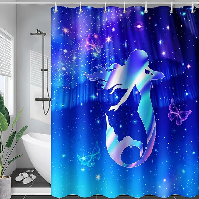 AILONEN Mermaid Shower Curtain for Bathroom,Blue Mermaid Star Girls Kids Bath Curtain 60" W*72" H,Beautiful Mermaid Decorative Waterproof Curtain with 12 Plastic Hooks