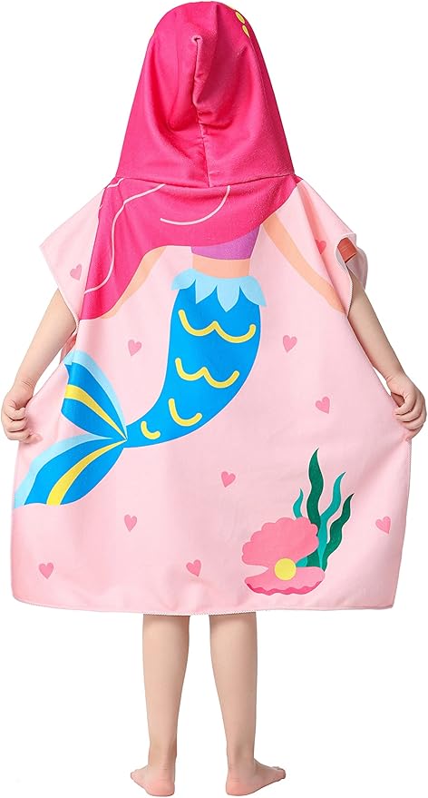 Pink Mermaid Hooded Beach Towel Poncho for Kid Girls Toddlers Bath Pool Swim Poncho Cover-ups Swimwear Soft Lightweight Microfiber