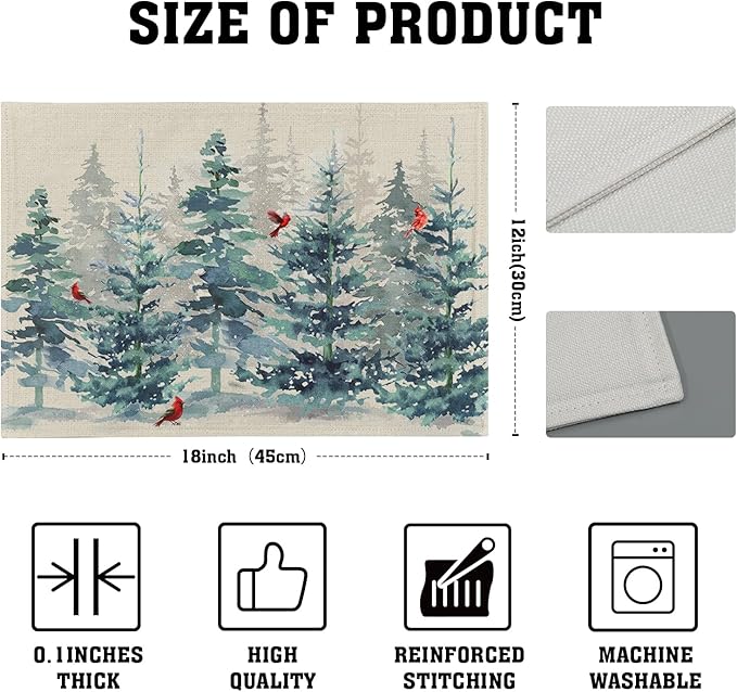 Winter Forest Tree Placemats Set of 4，Pine Tree Christmas Red Bird Heat Resistant Non Slip Place Mats Cotton Linen Tablemats for Dining Table Kitchen Decor 18 x 12 Inch