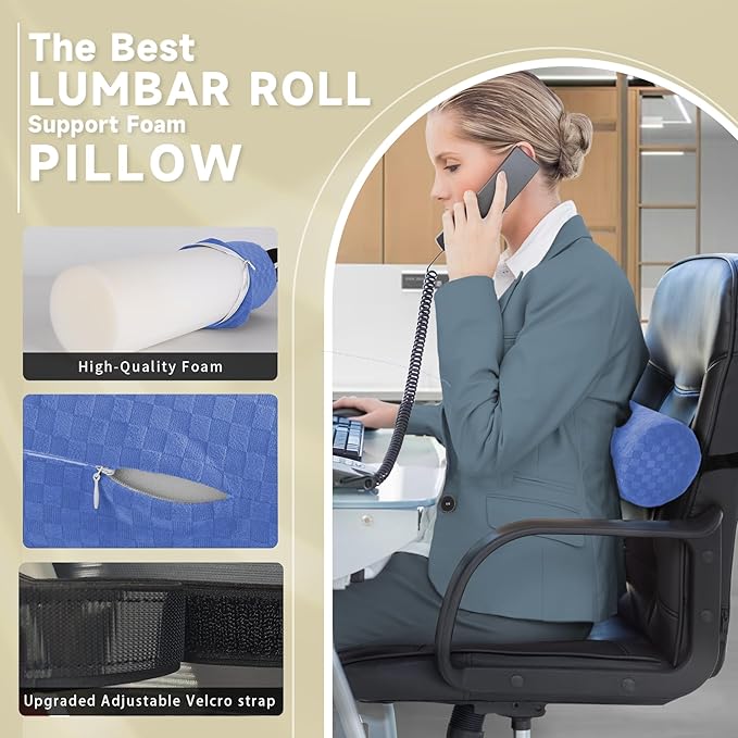 Lumbar Roll Pillow for Lower Back, Lumbar Support Foam Roll Cushion with Pillowcase and Upgraded Strap for Office, Chair, Car, Seat Pain Relief & Improving Posture (Light Blue, Long-15*4.3'')