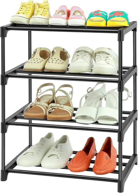 4-Tier Small Shoe Racks, Narrow Shoe Rack for 6-8 Pairs Shoe Storage,Kids Shoe Racks for Small Place,Lightweight Stackable Shoe Shelf Organizer for Closet,Black