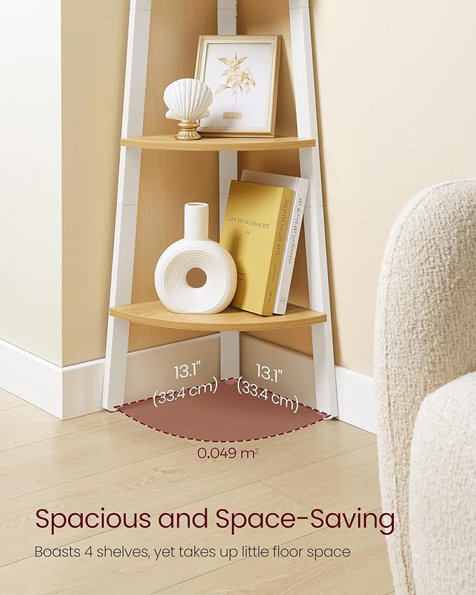 VASAGLE Corner Shelf Stand, 4-Tier Corner Bookshelf, Industrial Ladder Shelf, Plant Stand for Living Room, Office, Kitchen, Natural Oak and Matte White ULLS034Y70