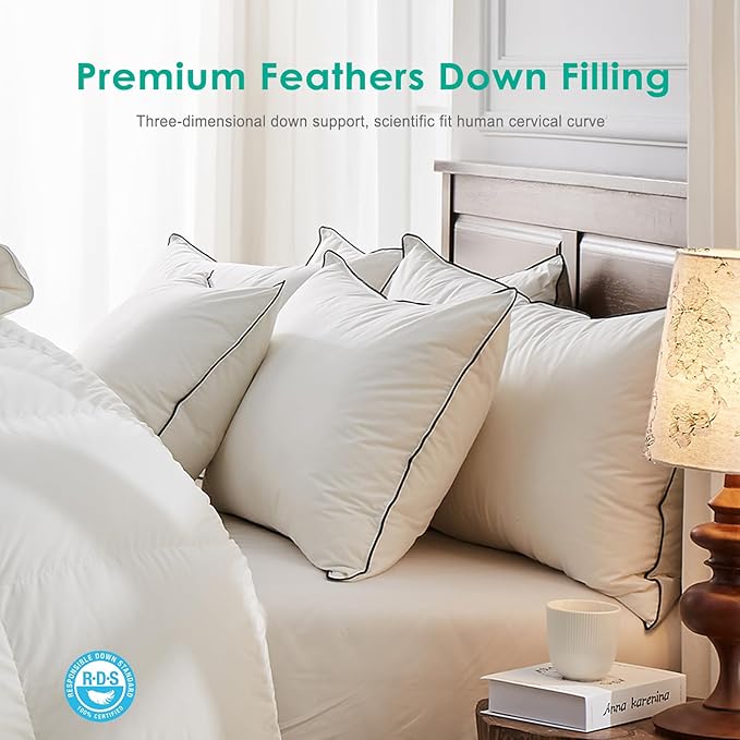 APSMILE Deep Sleep Feather Pillows Standard Size Set of 2, Hotel Collection AirF™ Goose Down Pillow Inserts with Organic Cotton Cover, Medium Bed Pillows for Sleeping (White, 20"x26")