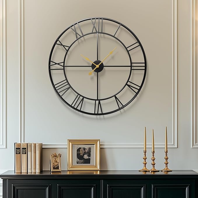 Large Wall Clock for Living Room Mantel, Completely Silent Non Ticking Battery-Operated, Modern Black Metal Round Wall Clock Decorative Clocks for Bedroom - 30 Inch Roman Number