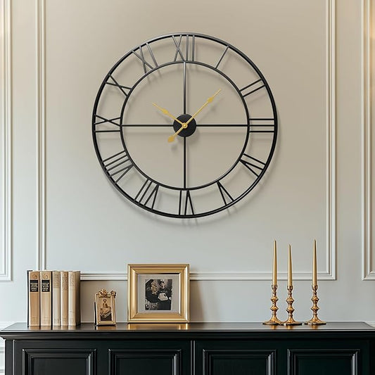 Large Wall Clock for Living Room Mantel, Completely Silent Non Ticking Battery-Operated, Modern Black Metal Round Wall Clock Decorative Clocks for Bedroom - 30 Inch Roman Number