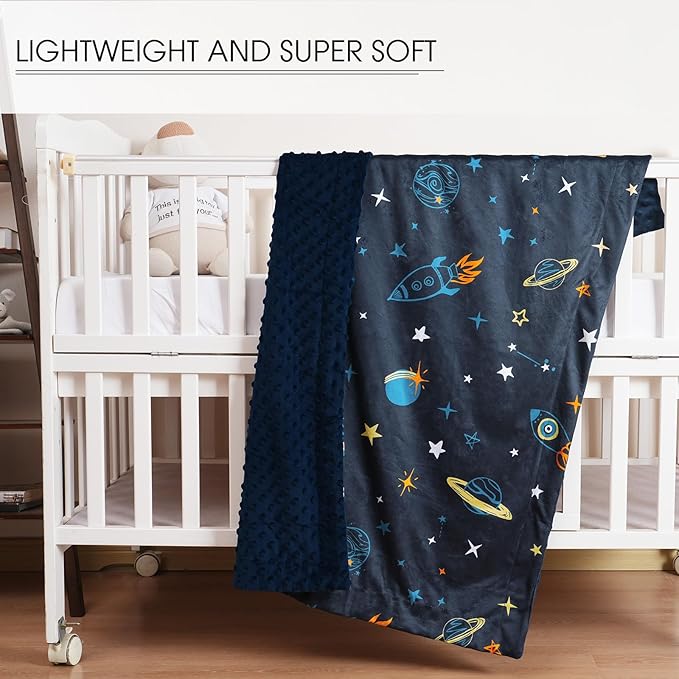 Minky Baby Throw Blanket for Boys, 50x60 Inches Soft Lightweight Micro Fleece Blanket with Double Layer, Dotted Backing, Breathable Receiving Blanket for Newborns, Space