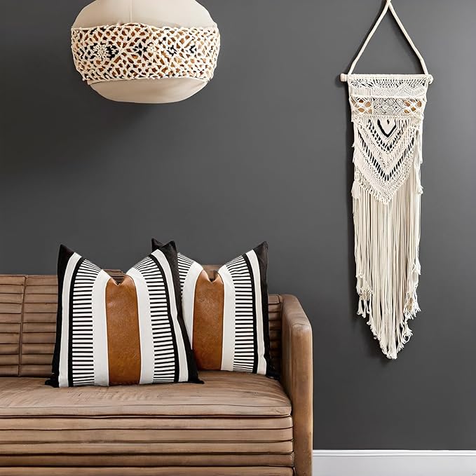 Set of 2 Farmhouse Stripe Throw Pillow Covers 26x26 Large Accent Cushion Cover Black and White Faux Leather Decorative Pillowcase for Sofa Couch Chair Bedroom Modern Decor
