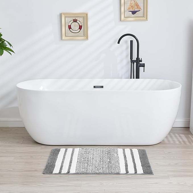 CozeCube Grey Striped Bath mats for Bathroom Non Slip, Fluffy Absorbent Microfiber Bath mat Washable, Aesthetic Bathroom Rugs, Cute Bath mat for Sink, 20" x 32"