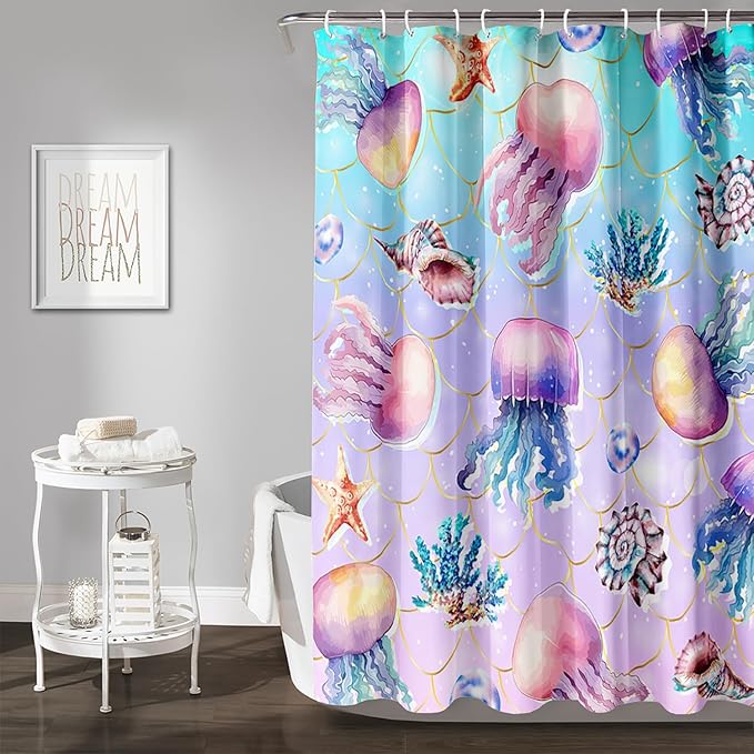 AILONEN Ocean Jellyfish Shower Curtain for Bathroom, Cute Jellyfish Mermaid Printed Bathroom Curtain,Girls Women Kids Coral Bath Curtain 60"W*72"H Polyester Waterproof Bathroom Curtain With 12 Hooks