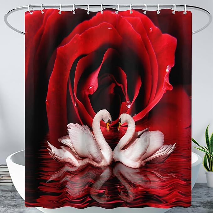 AILONEN 3D Printed Rose Shower Curtain,Red Rose Bath Curtain, White Swan Shower Curtain for Bathroom Decor,72" W*72" H Polyester Waterproof Bath Curtain with 12 Hooks