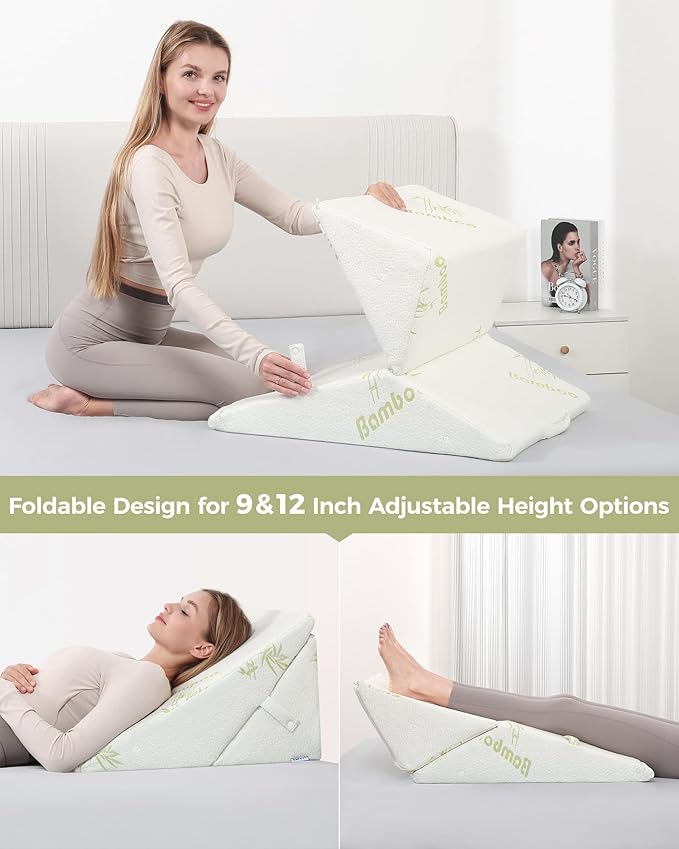 Forias Foldable Wedge Pillow, Rayon Derived from Bamboo 9 &12 Inch Adjustable Bed Wedge Pillow for After Surgery Triangle Pillow Wedge for Acid Reflux Snoring Post Surgery Back Leg Knee Pain