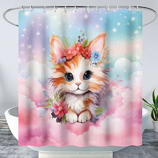 AILONEN Kawaii Cat Shower Curtains,Pink Sky Flora Cat Bath Curtains Gifts for Cat Lover,Cartoon Cat Curtains,Polyester Waterproof with Plastic Hooks 36" W*72" H