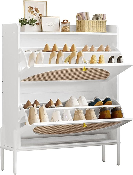 IRONCK Shoe Cabinet Storage with 2 Flip Drawers, Free Standing Wooden Shoe Storage Organizer Cabinet with Rattan Doors for Entryway, Narrow Shoe Rack Cabinet, White
