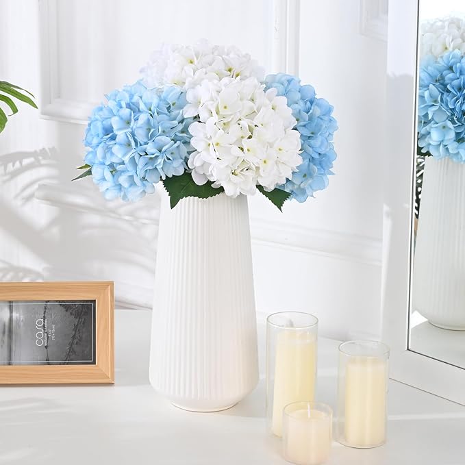 BLEUM CADE 4 Pcs Hydrangea Artificial Flowers with Realistic Stems, 18In Large Fake Flowers, Faux Flower for Home Party Decor Outdoor Wedding Bouquets Table Centerpieces Decoration, White Blue
