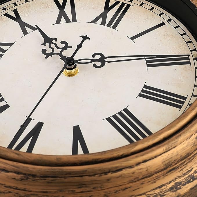 Plumeet Small Retro Wall Clock, 10'' Non Ticking Classic Silent Vintage Wall Clocks Decorative Kitchen Living Room Bedroom, Roman Numerals, Battery Operated