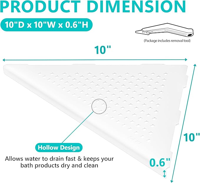 Corner Shower Shelves, 10” Recessed Tile Shower Shelf Matte White, 304 Stainless Steel Grout in Corner Tile Shower Shelves, No Drilling, 2 Pack